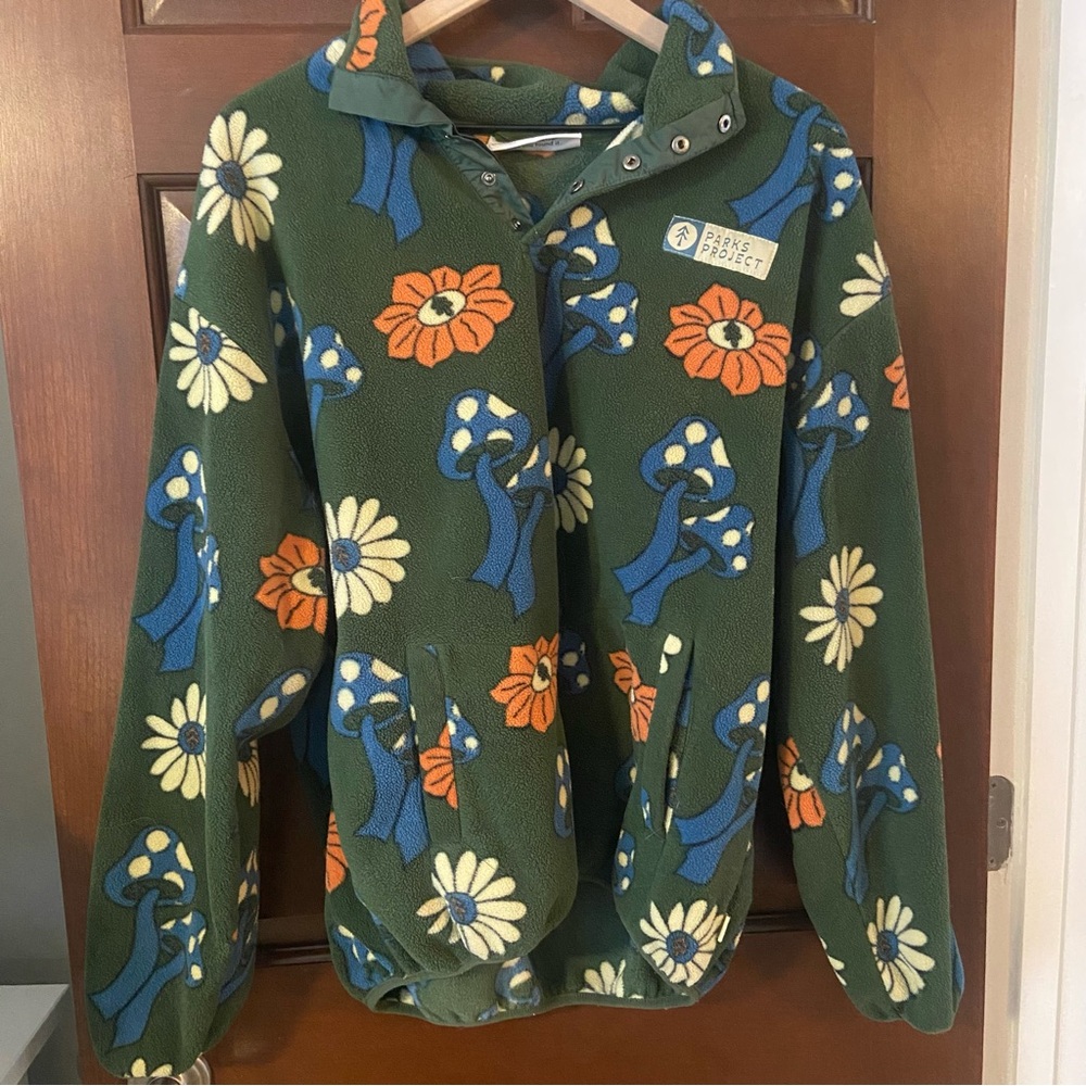 Parks Project Green Fleece Jacket with Floral and Mushroom Design
